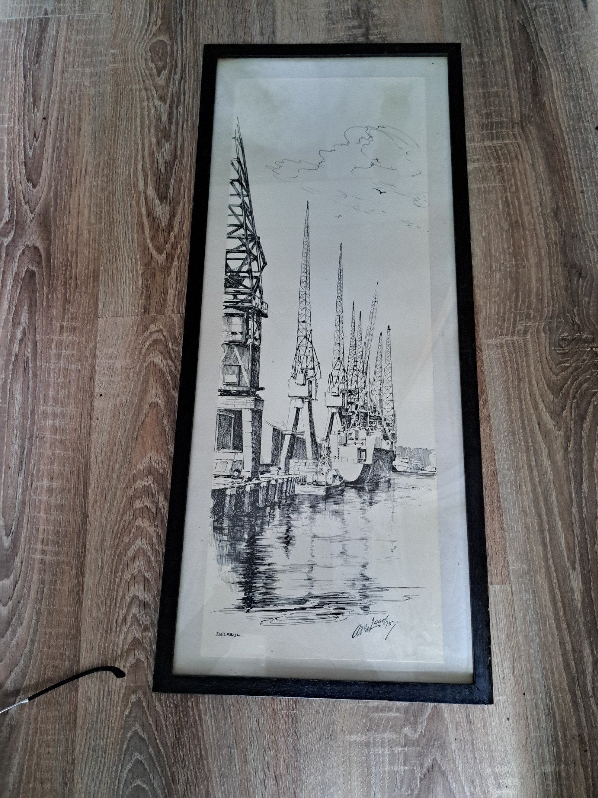 Delfzijlster haven met kranen - Gesigneerde ets, Ophalen, Stadsgezicht, Ingelijst, 1950 - 1999