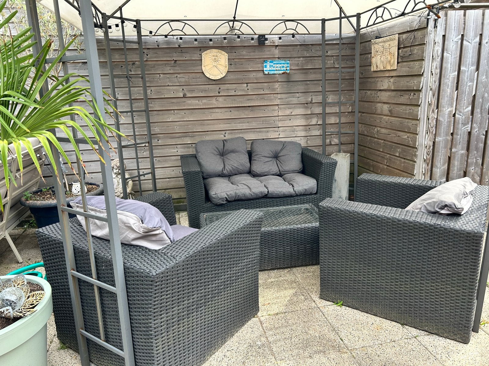 Wicker tuinset met pergola, zeer goede kwaliteit, Ophalen, 4 zitplaatsen, Gebruikt, Wicker