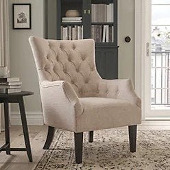 2 stijlvolle fauteuils / oorfauteuils in crème stof, Ophalen, Zo goed als nieuw, Stof