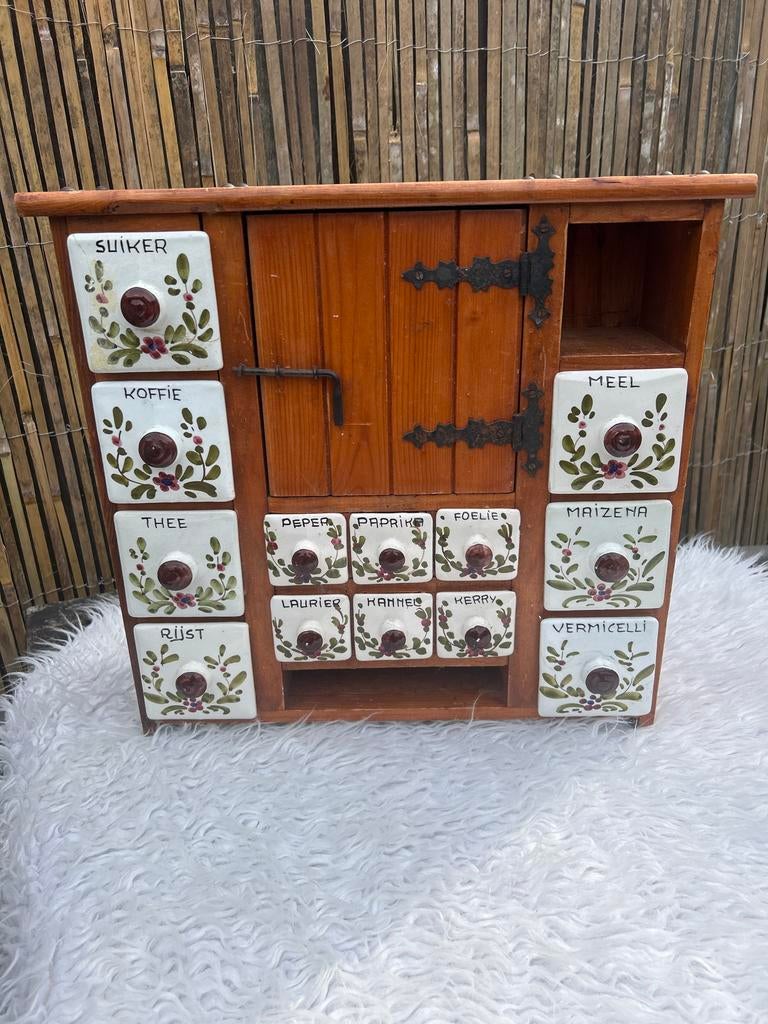 Houten kruidenrekje met keramische lades, Ophalen of Verzenden