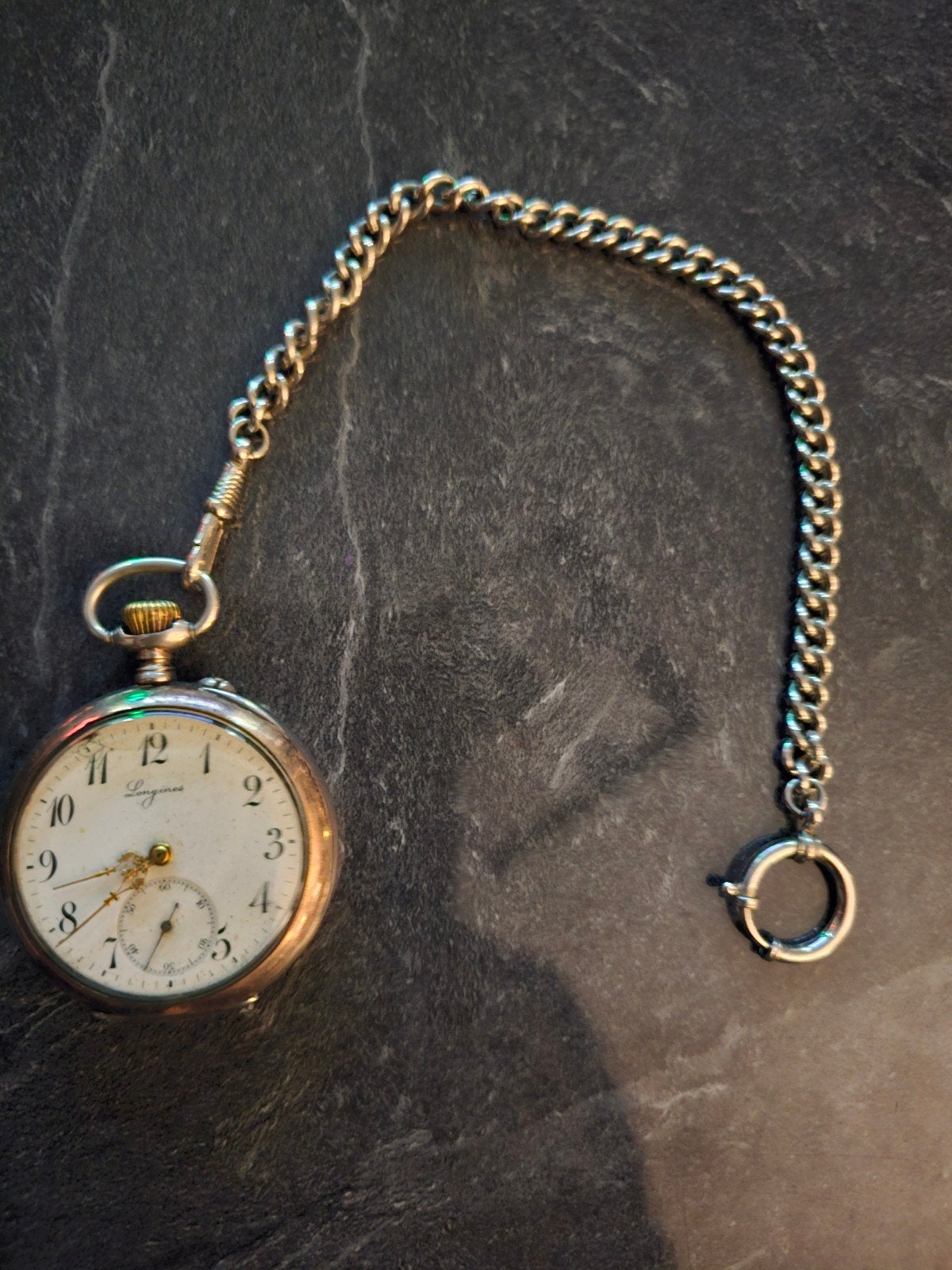 Antiek Longines Zakhorloge met Ketting - Zilver, Ophalen, Zakhorloge, 1900 tot 1930, Met ketting