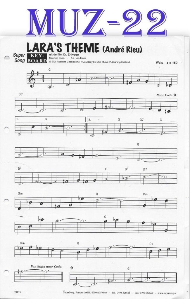 Muz22 bladmuziek super song -Lara's theme ( Andre Rieu ), Muziek en Instrumenten, Orgel, Gebruikt, Ophalen of Verzenden, Artiest of Componist