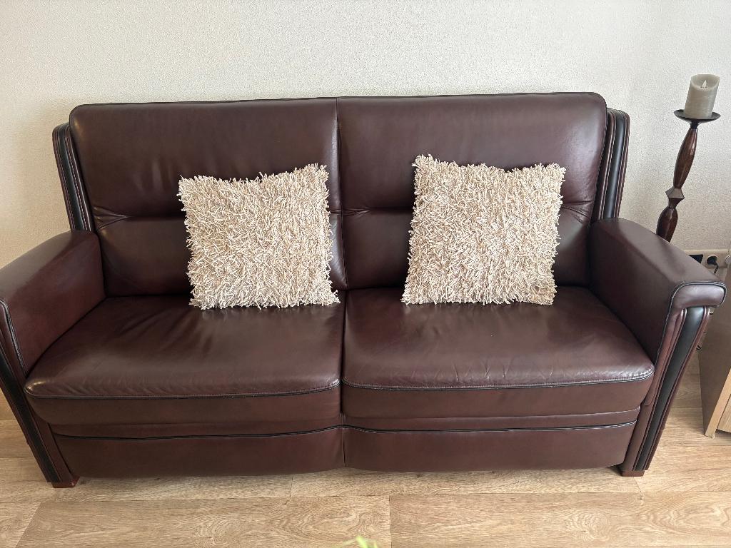 Lederen 2,5 zits bank en fauteuil, Huis en Inrichting, Banken | Bankstellen, Ophalen, Gebruikt, 150 tot 200 cm, Rechte bank