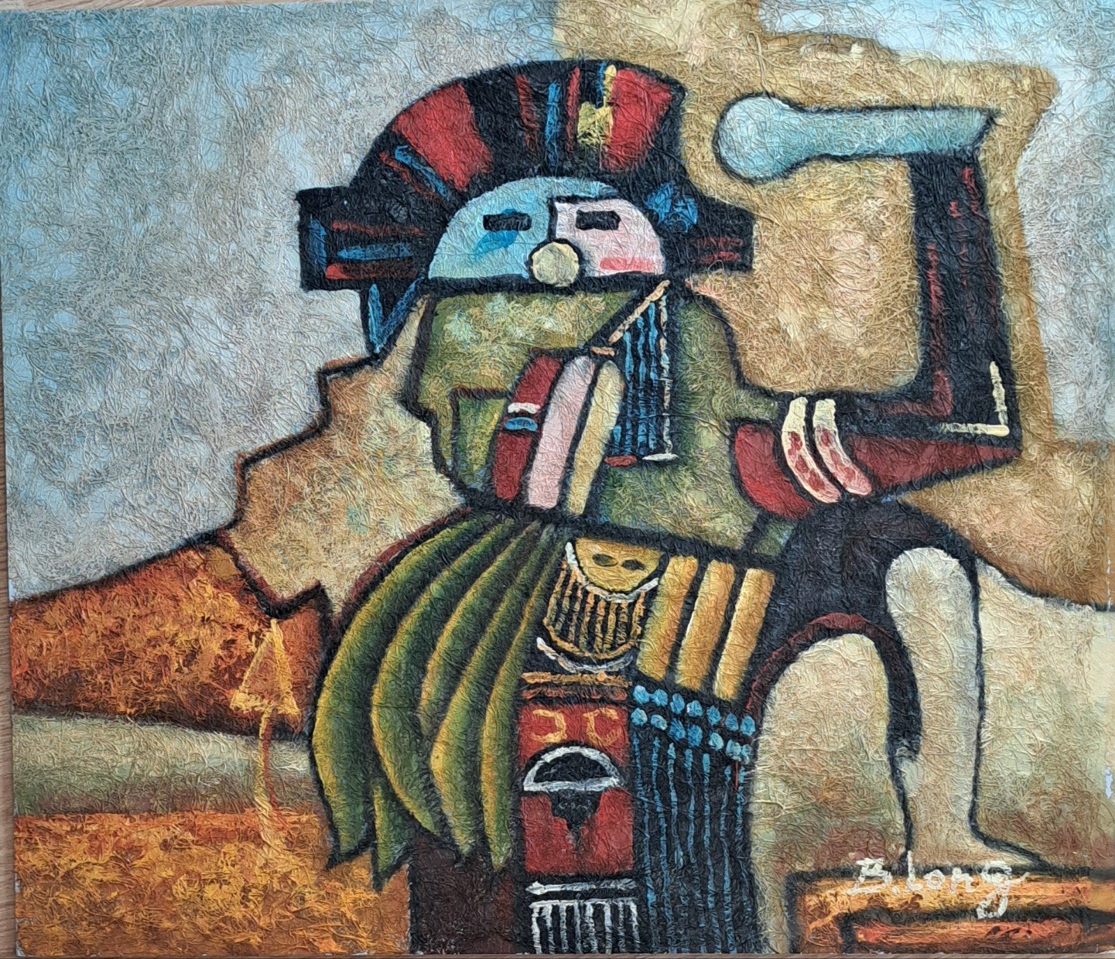 Abstract schilderij in inheemse stijl, gesigneerd, Antiek en Kunst, Ophalen of Verzenden