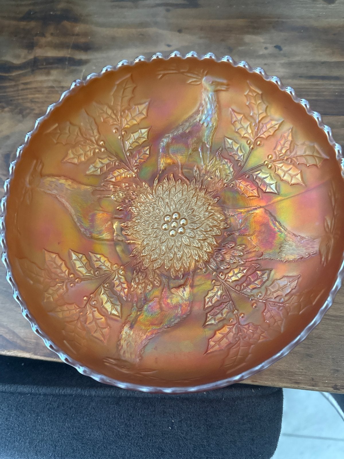 Vintage Oranje Karnival Glas Schaal met Hert en Hulst, Ophalen of Verzenden
