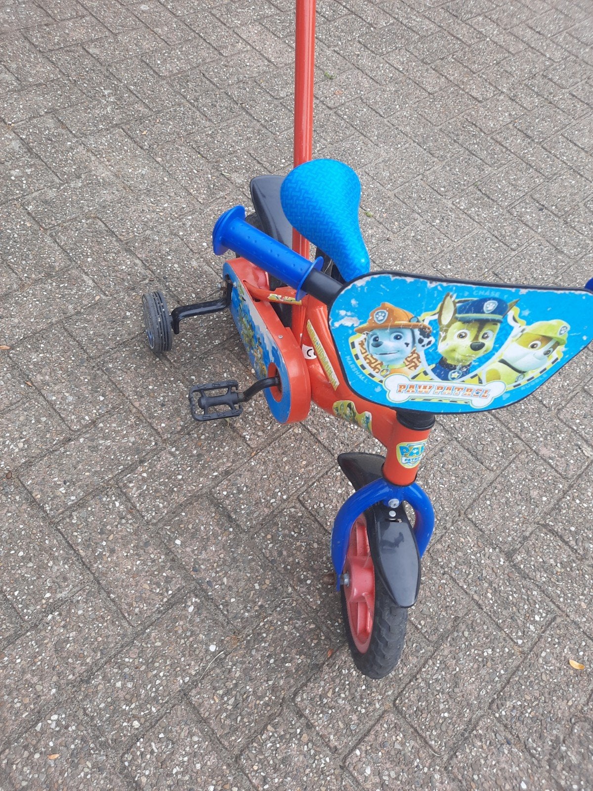 Paw Patrol Kinderfiets met duwstang en zijwieltjes, Ophalen, Zijwieltjes, Gebruikt, Minder dan 16 inch