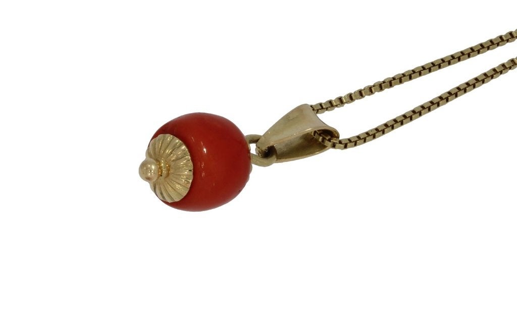Bloedkoraal fraai antieke 14k ketting hanger goud vintage, Ophalen of Verzenden, Goud, Hanger, Met edelsteen