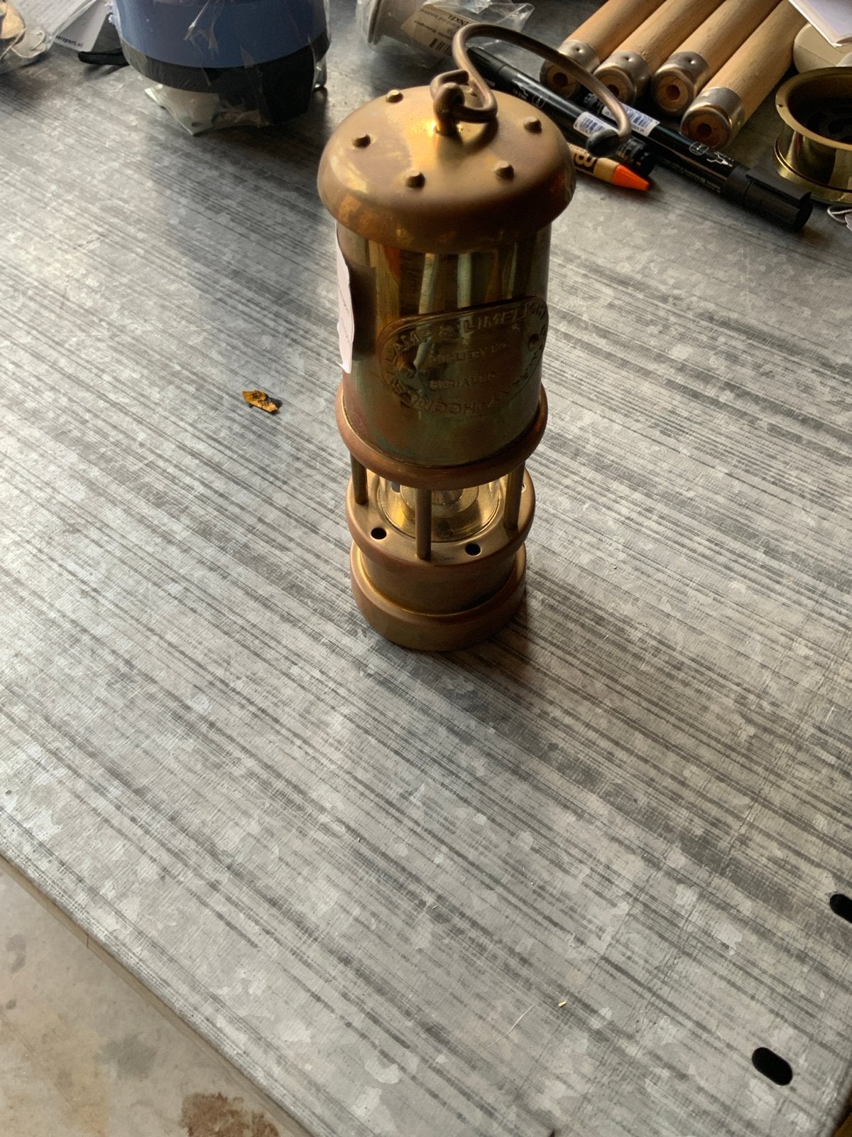 Antieke messing mijnwerkerslamp - Vintage decoratie, Antiek en Kunst, Ophalen of Verzenden