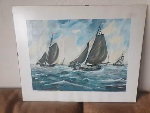 Aquarel 2 platbodems op zee gesigneerd MV, Ophalen