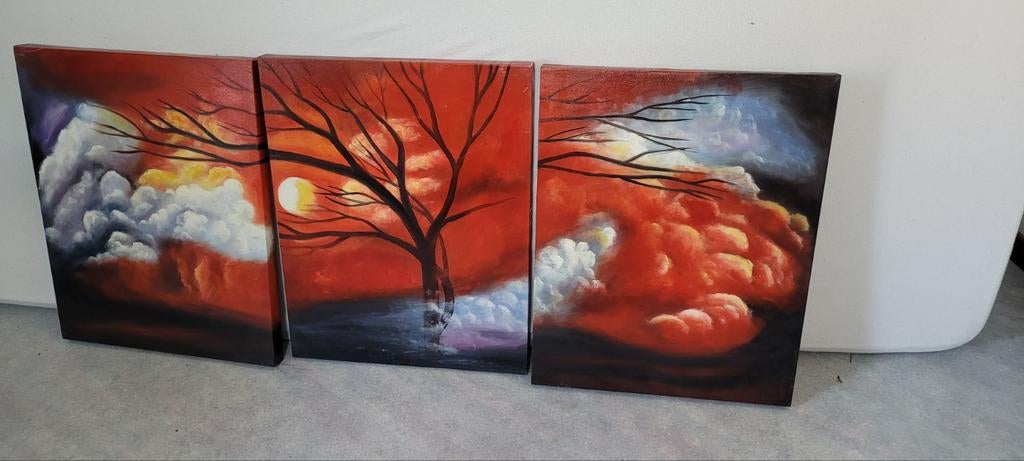 Abstracte drieluik schilderij met boom en wolken, Ophalen