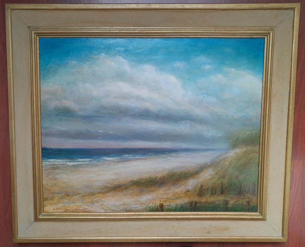 Strand van Ameland , echt schilderij inclusief lijst, Ophalen, Gebruikt, Schilderij, 50 tot 75 cm