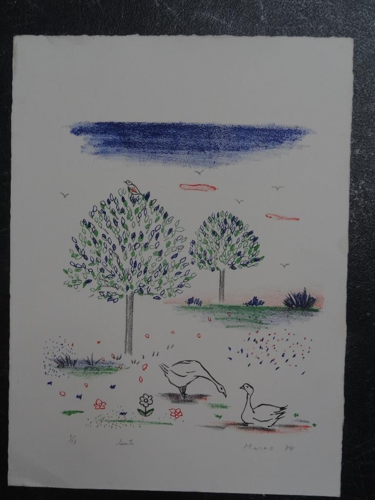 kleurrijke litho ganzen bij bomen, lente Mira O. 1984, Antiek en Kunst, Kunst | Litho's en Zeefdrukken, Verzenden