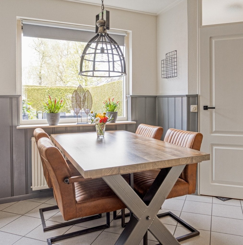 Industriële eettafel – Gelamineerd blad - Metalen X-poot, Ophalen, Gebruikt, 100 tot 150 cm, Industrieel - Gelamineerd houtlook - Metalen x-poot