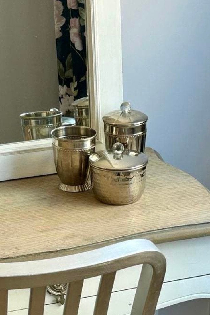 Lisbet Dahl set van 3 zilverkleurige opbergpotjes, Huis en Inrichting, Ophalen, Minder dan 50 cm, Gebruikt, Minder dan 100 cm