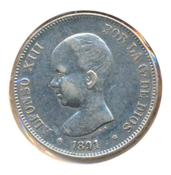 Spanje 5 Pesetas 1891, Ophalen of Verzenden, Overige landen, Losse munt, Zilver