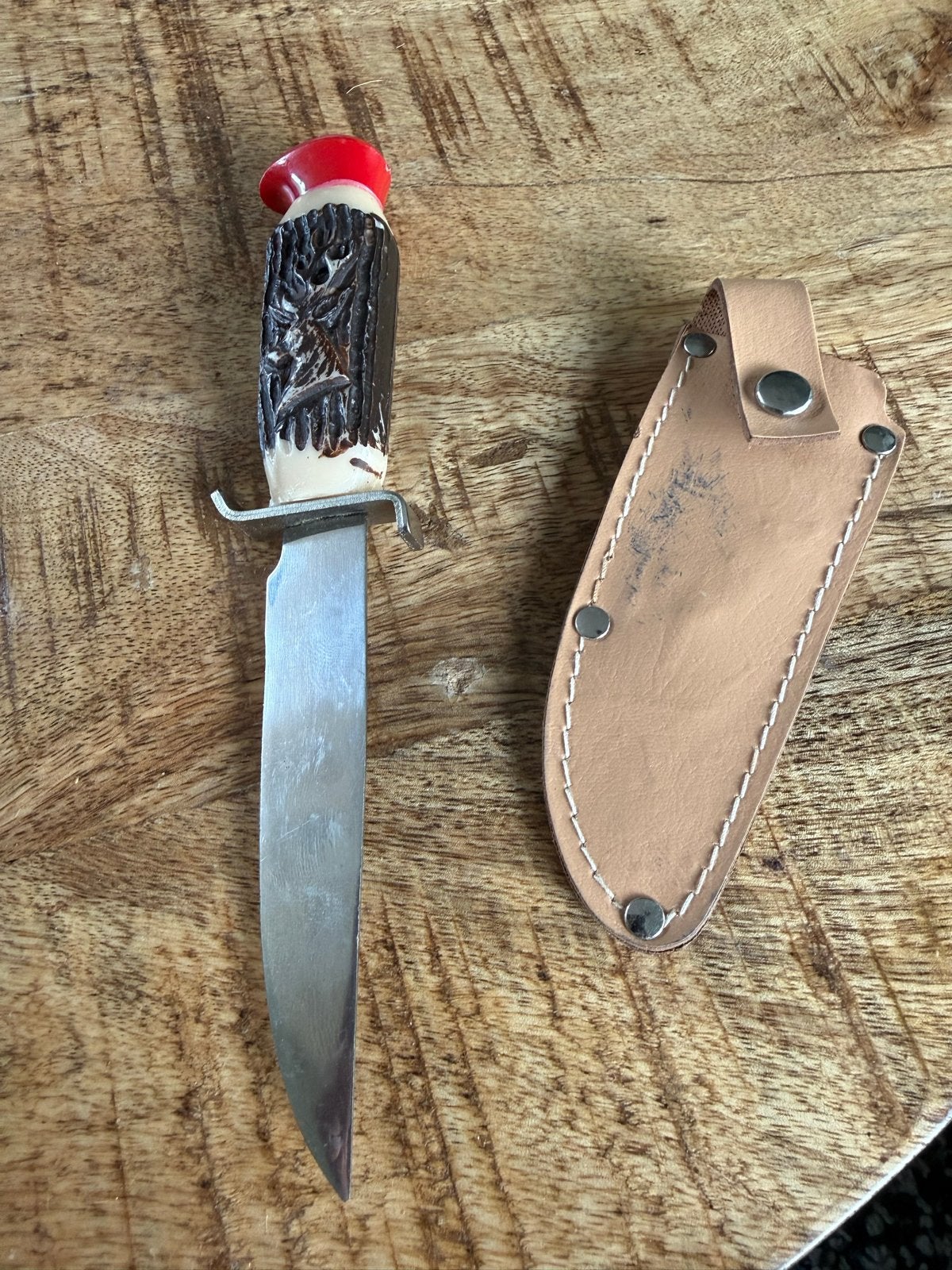 Vintage jachtmes met hertshoorn handvat en leren schede, Verzenden