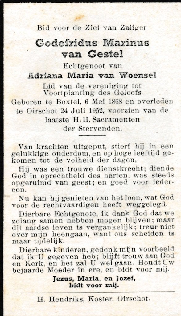 Gestel Godefridus 1868 Boxtel 1952 Oirschot, Ophalen of Verzenden, Bidprentje
