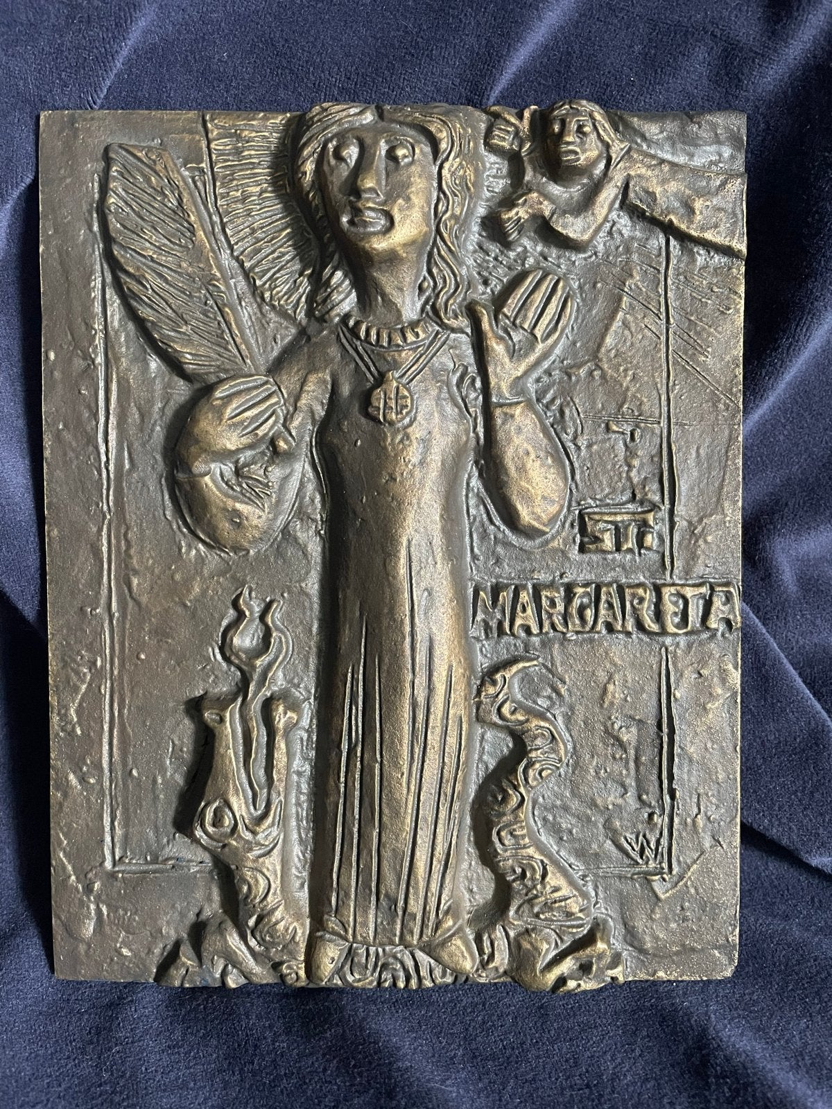 Bronzen reliëfplaquette  'St. Margareta' - ca.16x20 cm, Antiek en Kunst, Ophalen of Verzenden