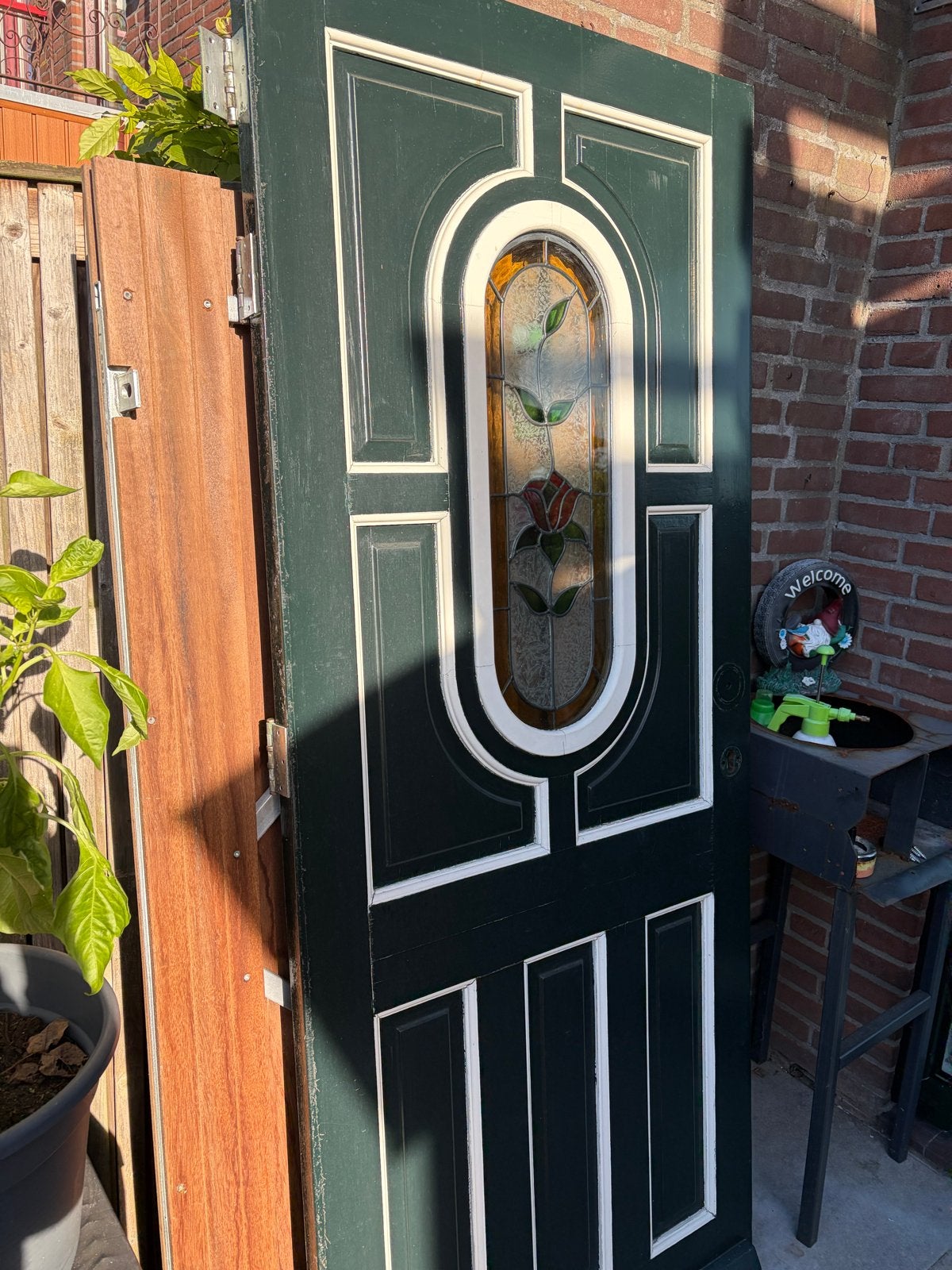 Hardhouten voordeur met prachtig glas in lood, Doe-het-zelf en Verbouw, Ophalen, Gebruikt, 80 tot 100 cm, Buitendeur