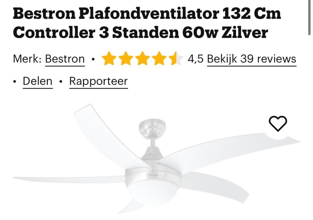 Plafondventilator met lamp en afstandsbediening, Ophalen, Nieuw