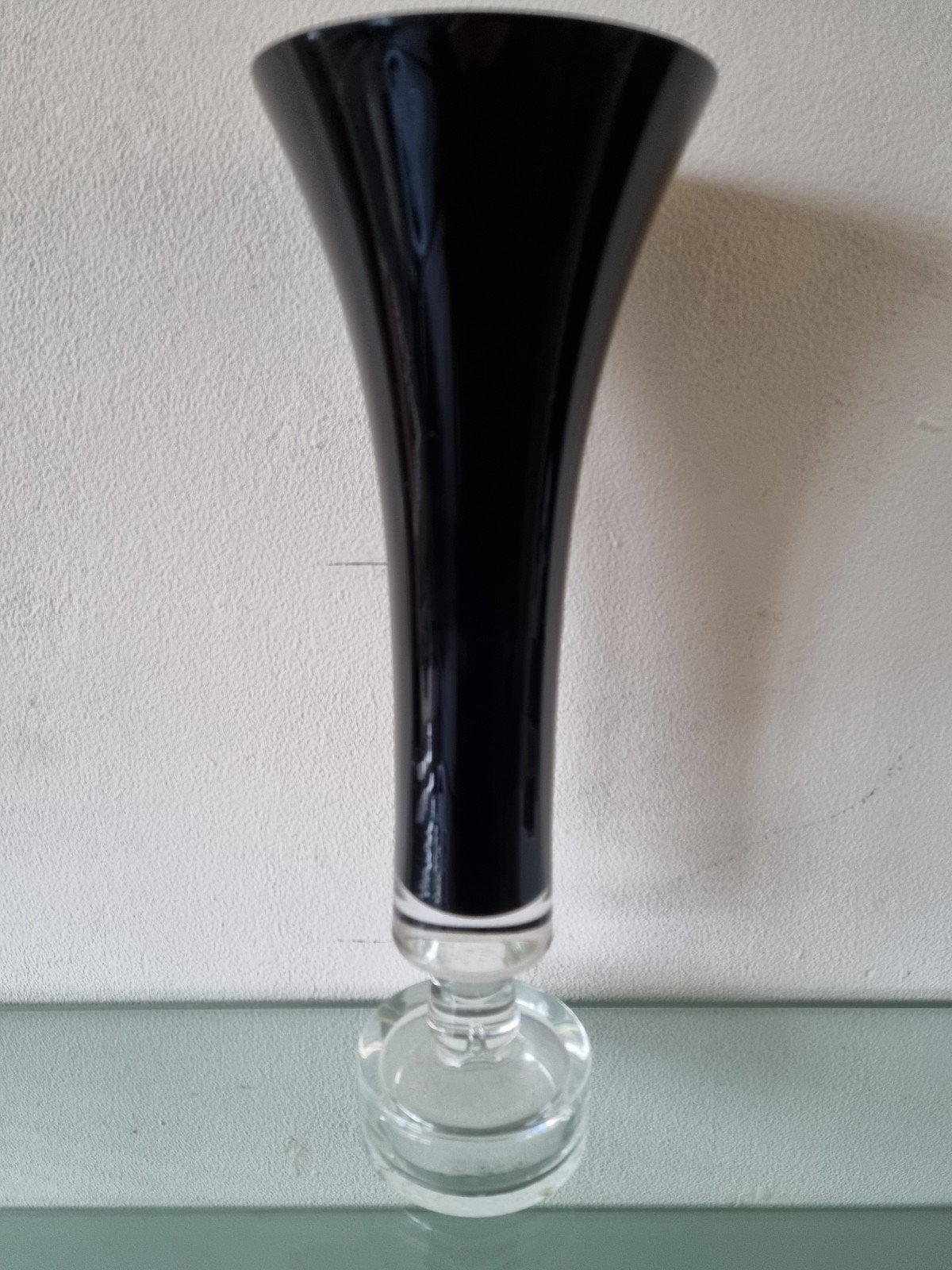 Jrn'90,DESIGN TROMPET VAAS,FacetGeslepGlas,ZWART,40cm,Inwst!, Handgemaakt, Zwart, Ophalen of Verzenden, 40 cm
