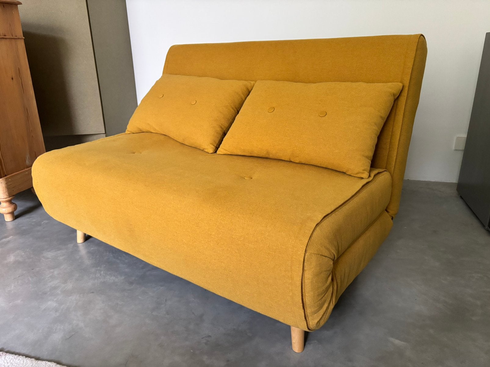 Kleine slaapbank 120cm met topper - Zo goed als nieuw, Ophalen, Geel, Zo goed als nieuw, Twijfelaar
