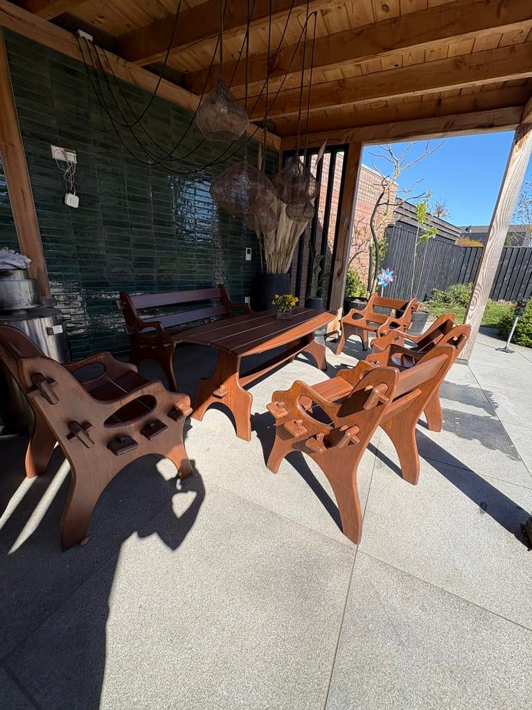 VINTAGE BRUTALIST IROKO WOOD GARDEN SET BY BRANSON, 1960S, Ophalen, Zo goed als nieuw, Rechthoekig, 200 cm of meer
