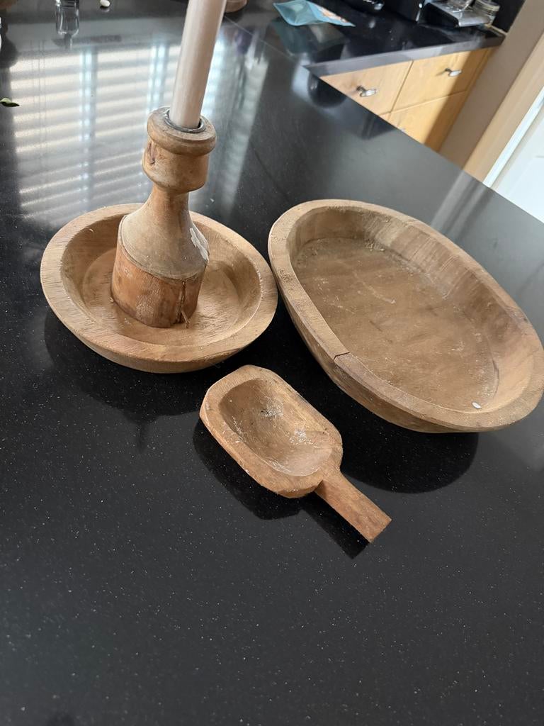 Houten decoratieset: schaal, kom en schepje, Ophalen of Verzenden, Zo goed als nieuw