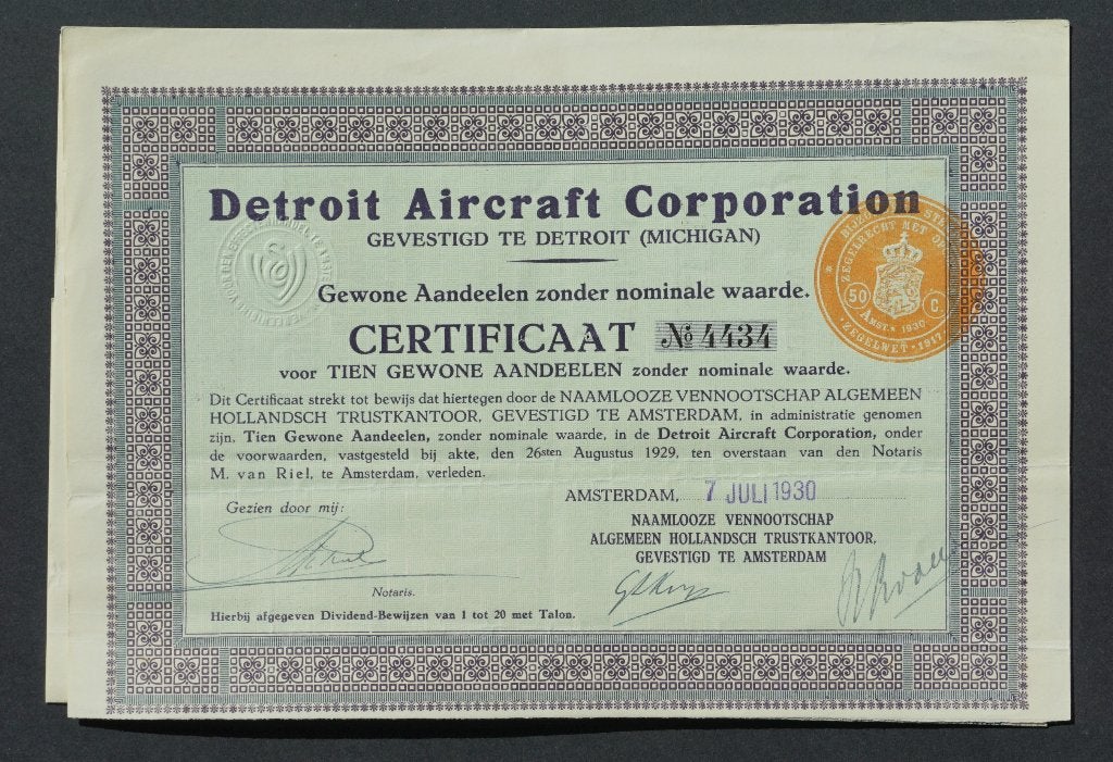 Detroit Aircraft Corporation ( Lockheed Aircraft) - 1930, Verzenden, 1920 tot 1950, Certificaat van aandeel