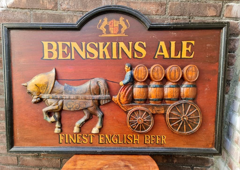 Antiek Benskins Ale reliëfbord 3D handbewerkt hout uniek, Verzamelen, Biermerken, Ophalen, Gebruikt, Reclamebord, Plaat of Schild