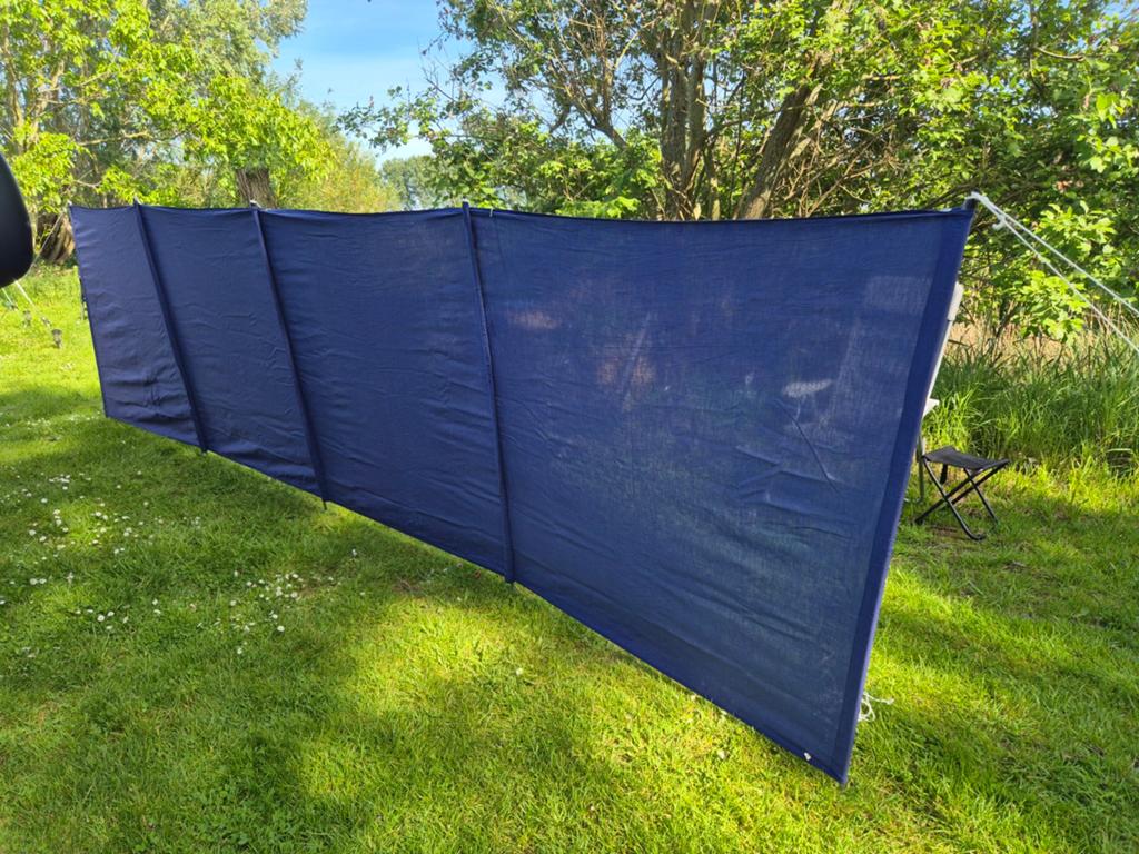 Blauw stoffen windscherm met 4 delen, vintage, Caravans en Kamperen, Ophalen of Verzenden, Gebruikt
