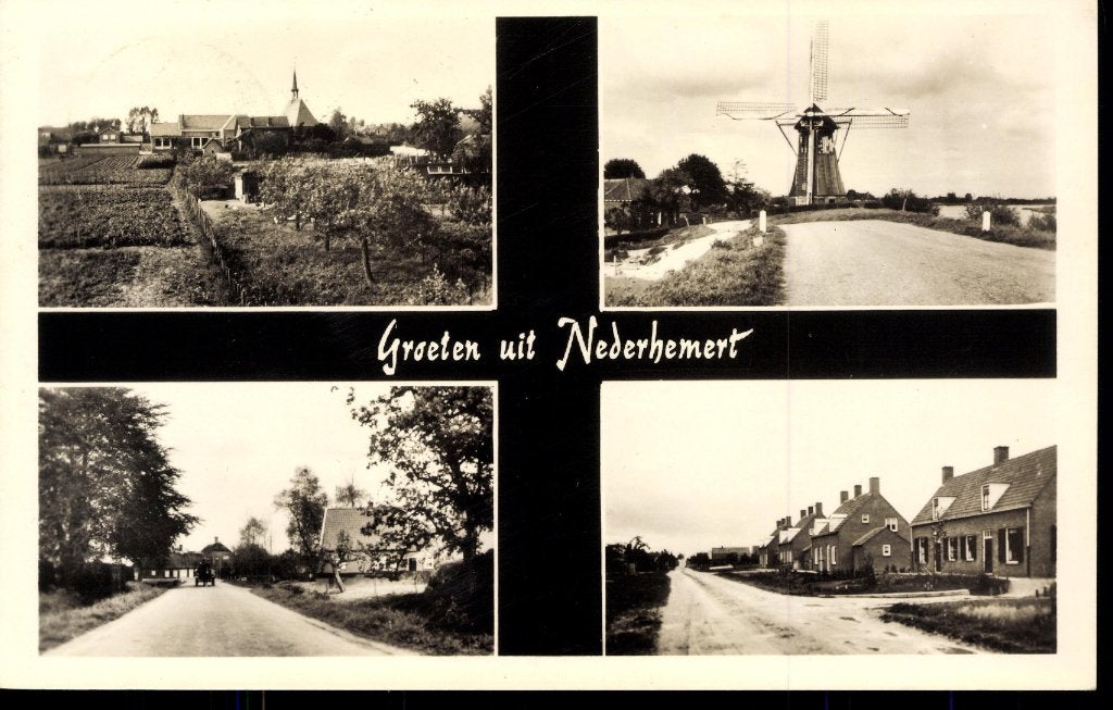 Nederhemert Gld., $-Luik met oa Molen en Straatgezicht, 1957, Verzamelen, Verzenden, 1940 tot 1960, Gelopen, Gelderland