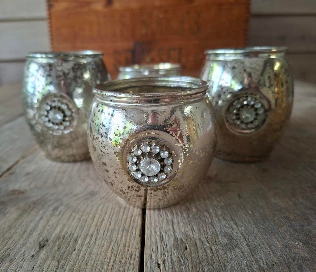 Set van 4 theelichtjes met strass, Overige materialen, Gebruikt, Overige kleuren, Ophalen of Verzenden