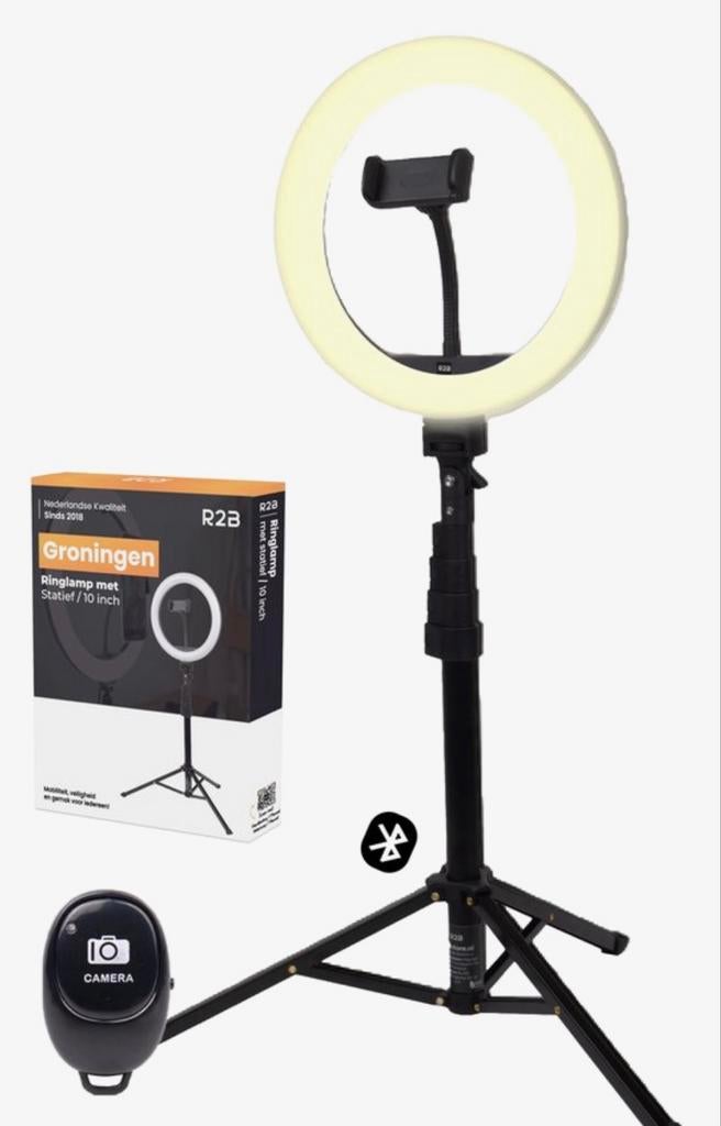 Ringlamp met Statief en Afstandsbediening - 10 inch, Ophalen of Verzenden, Zo goed als nieuw, Lamp of Flitsset