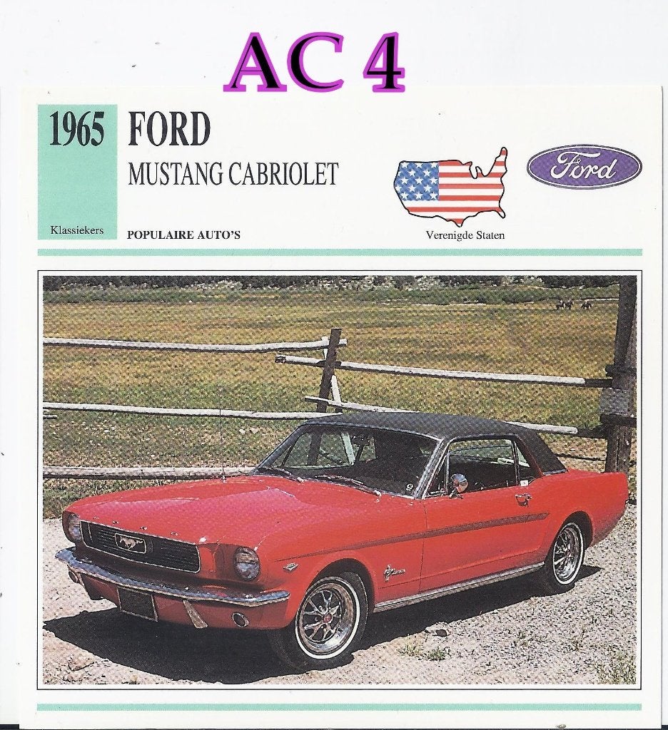 Ac4 autokaart ford mustang cabriolet ( 1965 ), Verzamelen, Ophalen of Verzenden, Zo goed als nieuw, Auto's