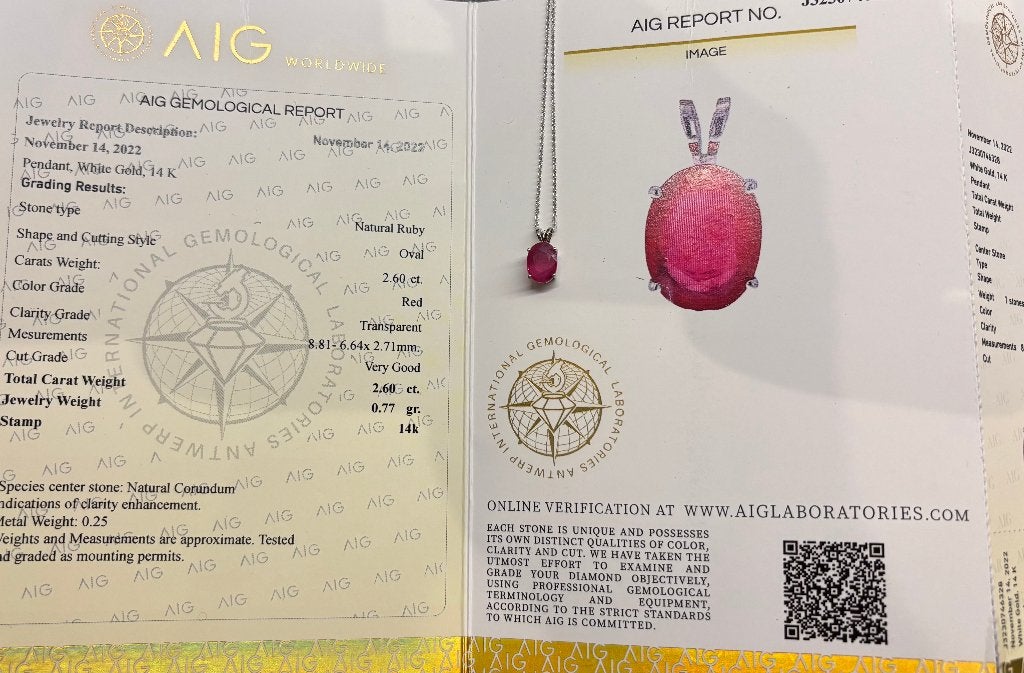Robijn AIG certificaat 14k gouden ketting en hanger dames, Voordeelsieraden, Verzenden, Zo goed als nieuw, Met edelsteen