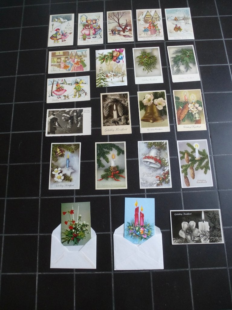 21 oude kerstkaarten, Verzamelen, Ophalen of Verzenden, 1940 tot 1960, Ongelopen, Feest(dag)