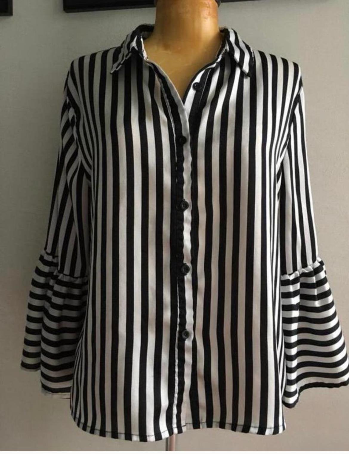 Stylewise zwart-wit gestreepte blouse met trompetmouwen, Ophalen of Verzenden, Zo goed als nieuw, Maat 38/40 (M), Meerkleurig