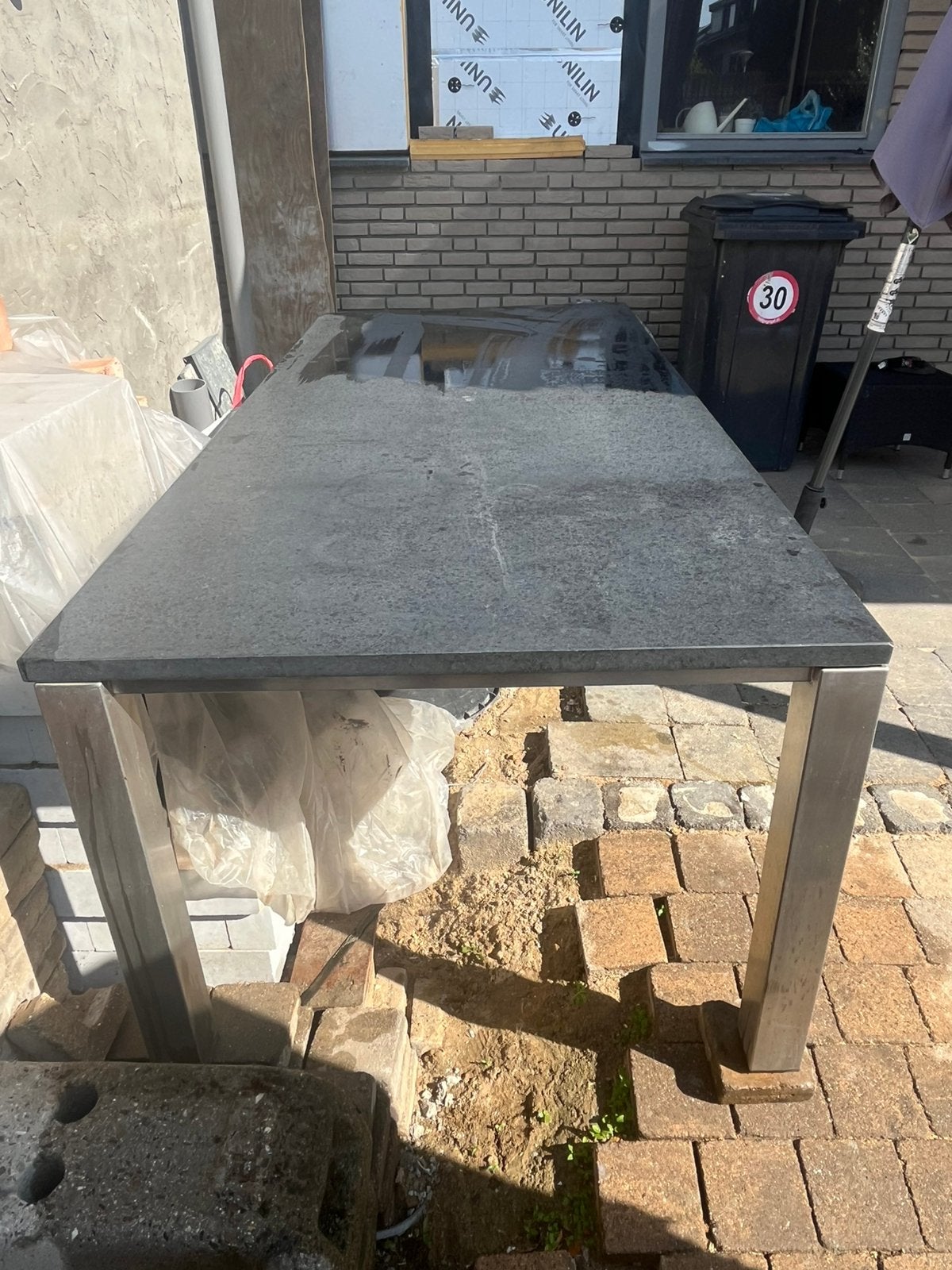 Rvs tuintafel met hardstenen blad, Tuin en Terras, Tuintafels, Ophalen, Gebruikt, Rechthoekig, Rvs