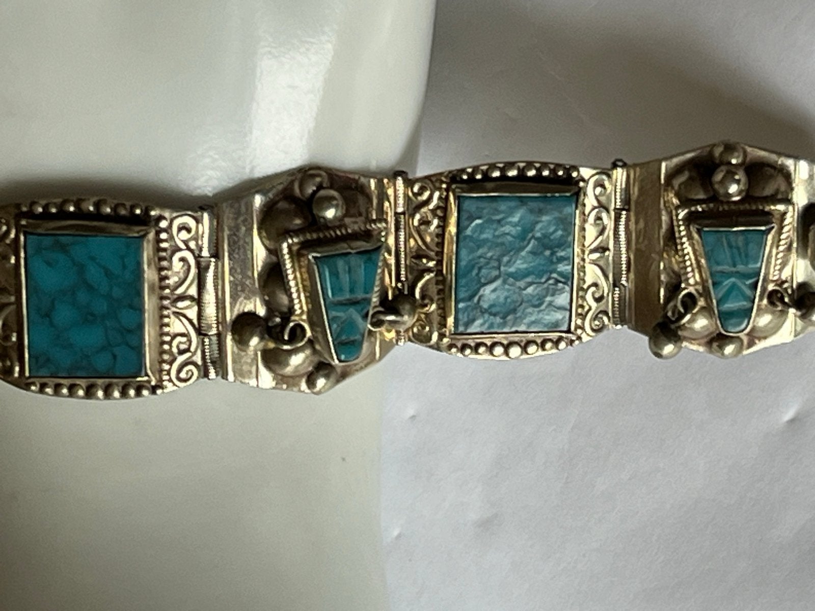 Zilveren armband met turquoise maskers uit Mexico, 20 cm, Sieraden, Tassen en Uiterlijk, Armbanden, Zo goed als nieuw, Met edelsteen