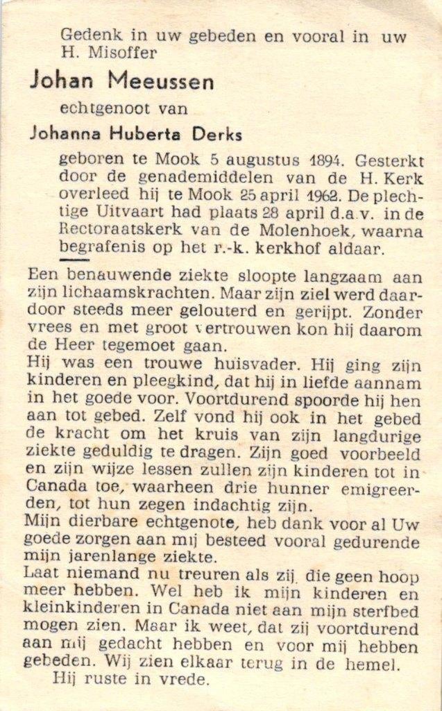 Meeussen Johan Mook 1894-1962 Molenhoek, Ophalen of Verzenden