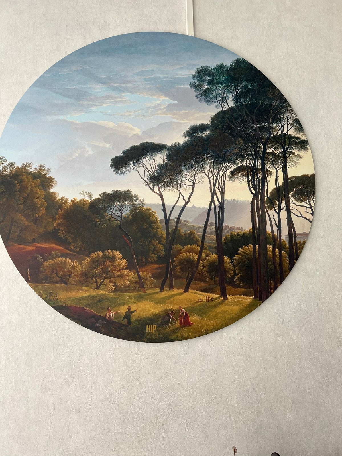 Rond schilderij met landschap en figuren - HIP, Ophalen, Doek, Realistisch, Gesigneerd