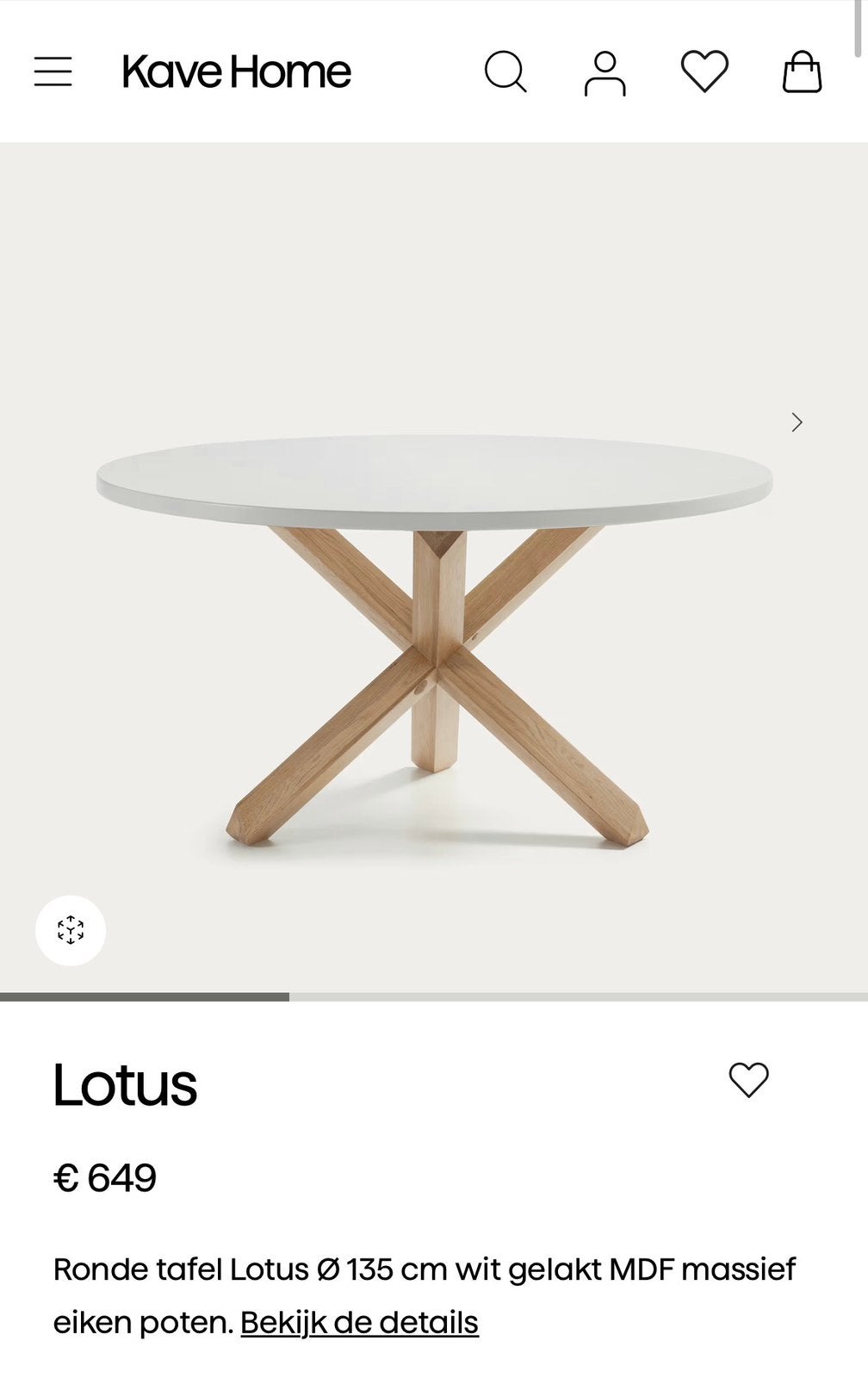 Ronde eettafel 135cm wit zgan kave home, Ophalen, Zo goed als nieuw, Rond, 100 tot 150 cm