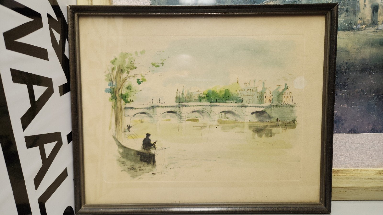 Vintage Aquarel: Visser bij Brug - Gesigneerd Pierre Pages, Antiek en Kunst, Kunst | Schilderijen | Klassiek, Ophalen