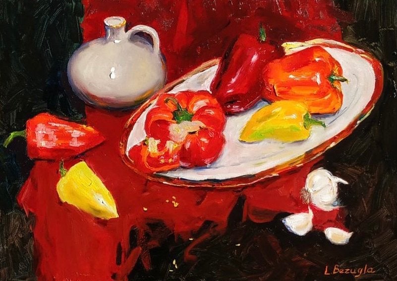 Olieverfschilderij: Paprika's en knoflook op rood doek, Antiek en Kunst, Kunst | Schilderijen | Klassiek, Ophalen of Verzenden