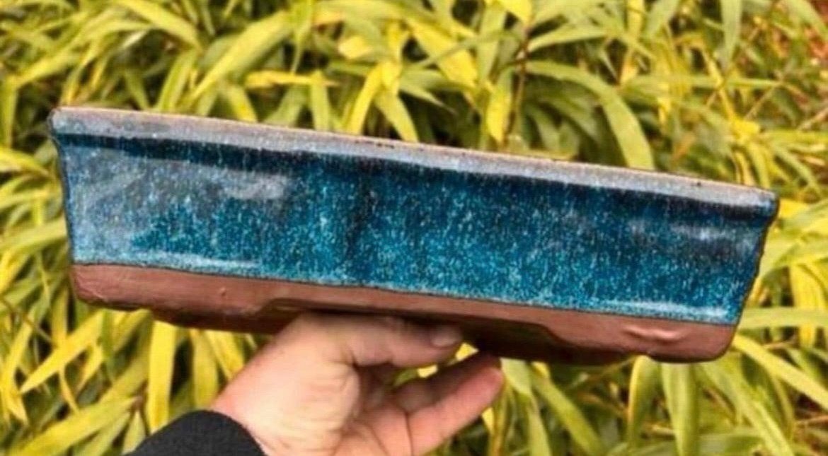 Bonsai schaal blauw tinten geglazuurd gemerkt 29,3x19,6x7, Tuin en Terras, Ophalen of Verzenden, Zo goed als nieuw, Aardewerk