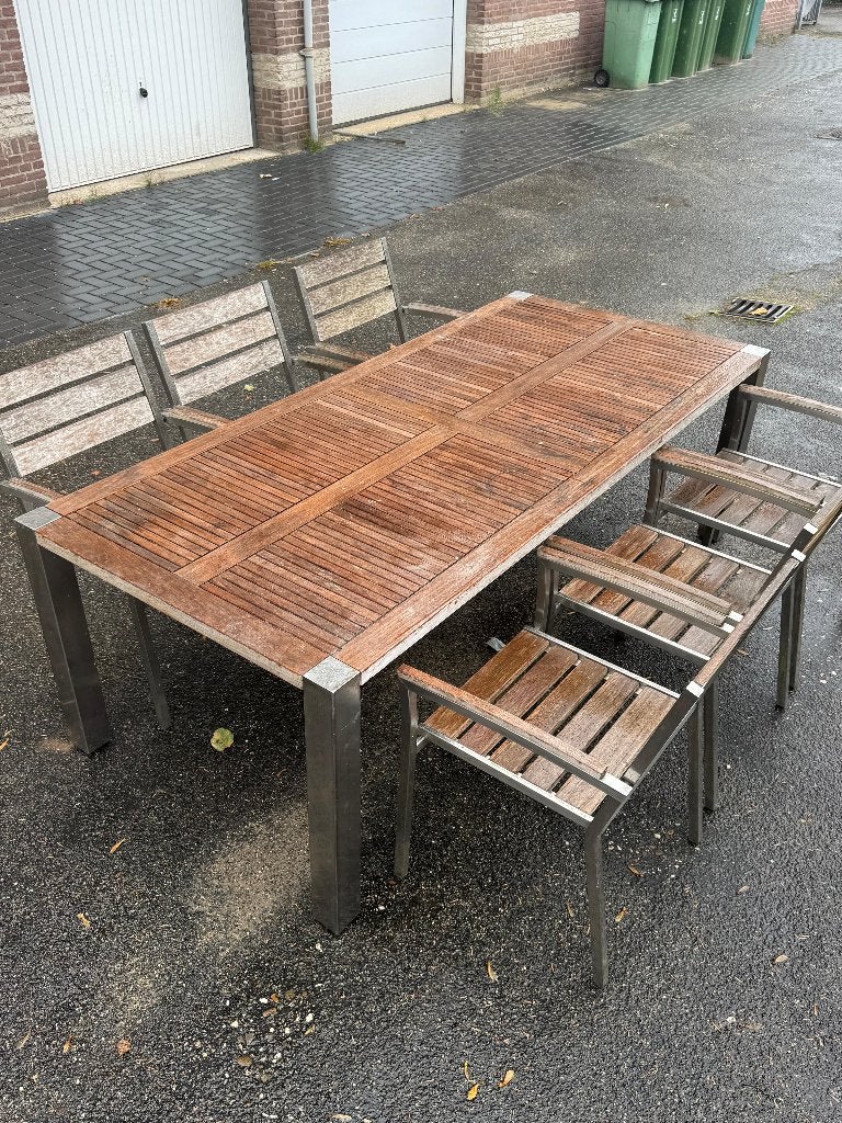 TUINTAFELTEAK MET  6 STOELEN, Ophalen, Gebruikt, Rechthoekig, Teakhout