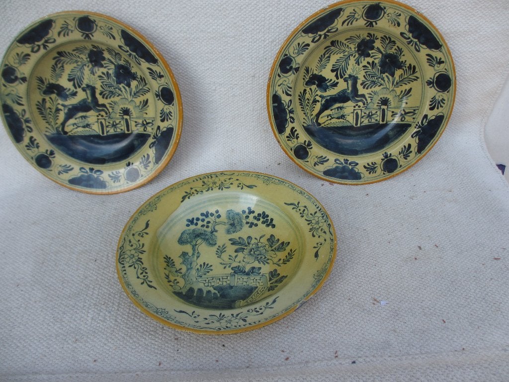 Drie Antiek blikken borden "armeluis" Delfstblauw jaren 30, Ophalen of Verzenden