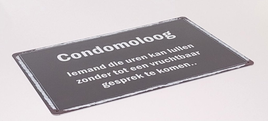 Condoomoloog uren lullen reclamebord van metaal wandbord, Info@deconoord.nl, Deco Noord, Nieuw, Ophalen of Verzenden