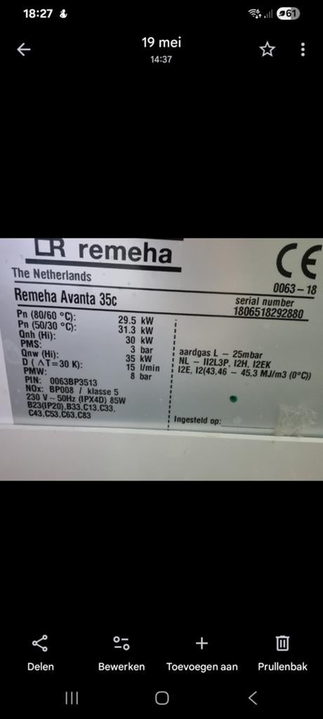 Goed werkende Remeha CV-ketel (Wegens gasloos wonen), 30 tot 80 cm, Gebruikt, Cv-ketel of Combi-ketel, Minder dan 60 cm